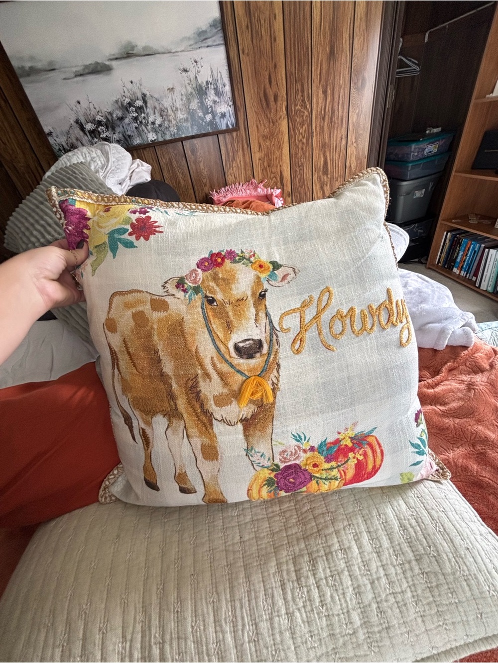 Howdy Cow Decorative Throw Pillow - Cream with Multicolor Floral Accents